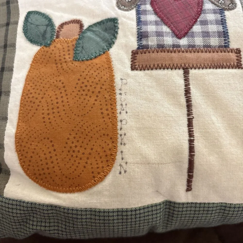 Vtg Primitive Country Appliqué Throw Pillow Folk Art Patchwork Garden